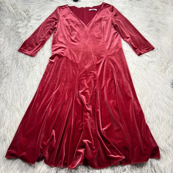 Coldwater Creek Women's M Red Basque Waist Fit Flare Velvet Midi Dress - Picture 1 of 6
